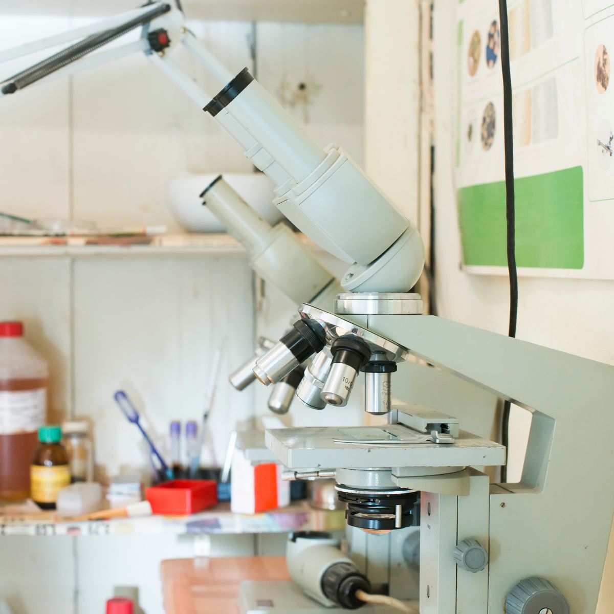A microscope placed on a desk in a lab